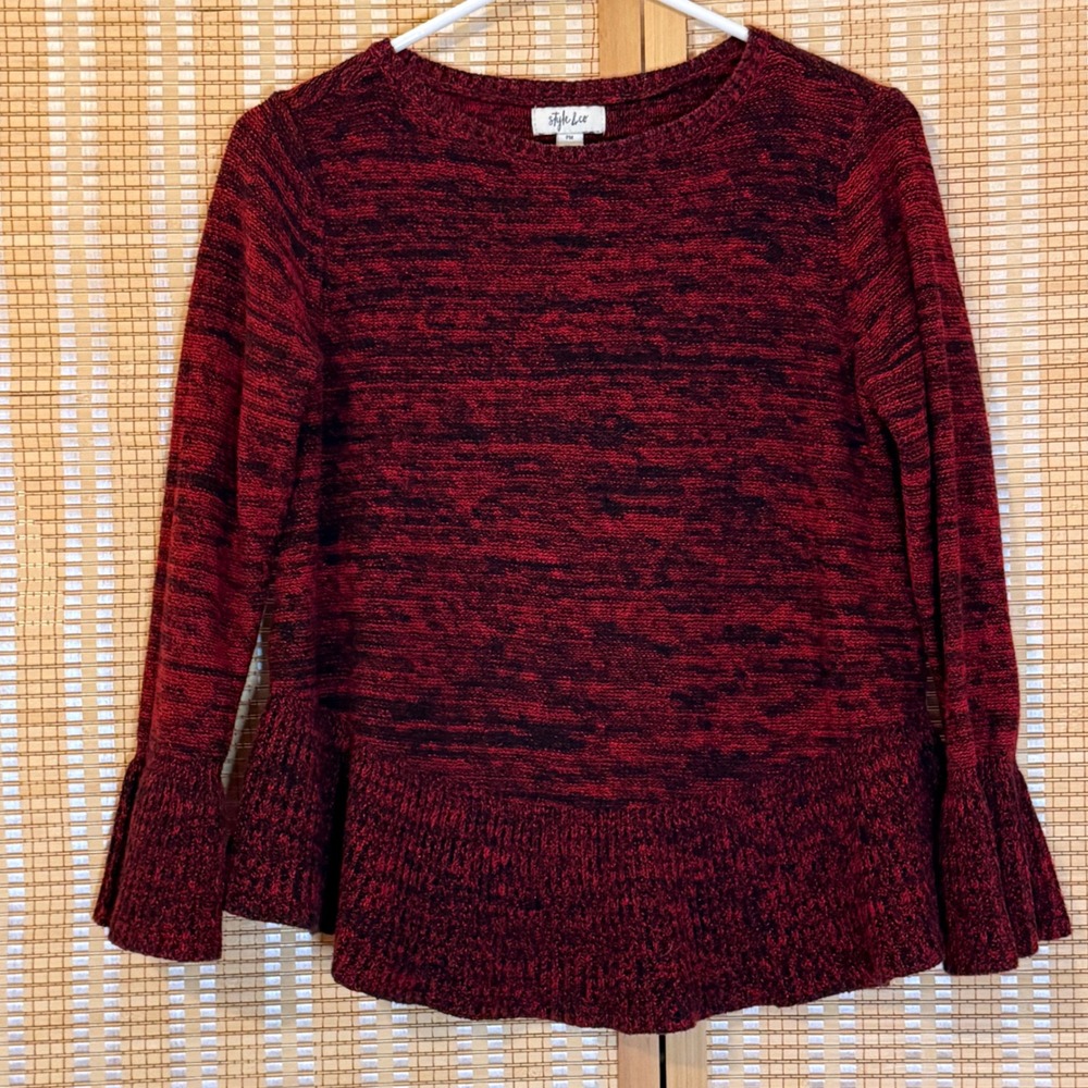 Style & Co Womens Burgundy Black Space Dye Peplum Bell Sleeve Sweater PM Preppy
